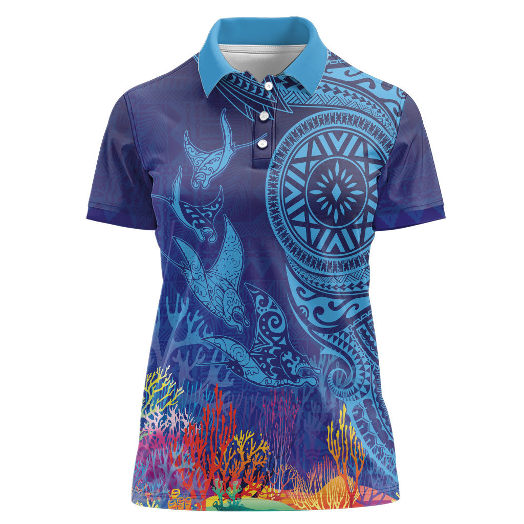 Fijian Tribal Manta Ray Women Polo Shirt Masi Motif with Coral Reef Ocean Vibe LT03 Female Blue - Polynesian Pride