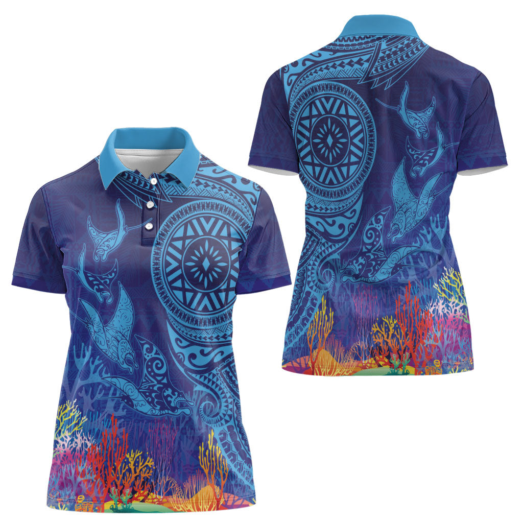 Fijian Tribal Manta Ray Women Polo Shirt Masi Motif with Coral Reef Ocean Vibe LT03 - Polynesian Pride