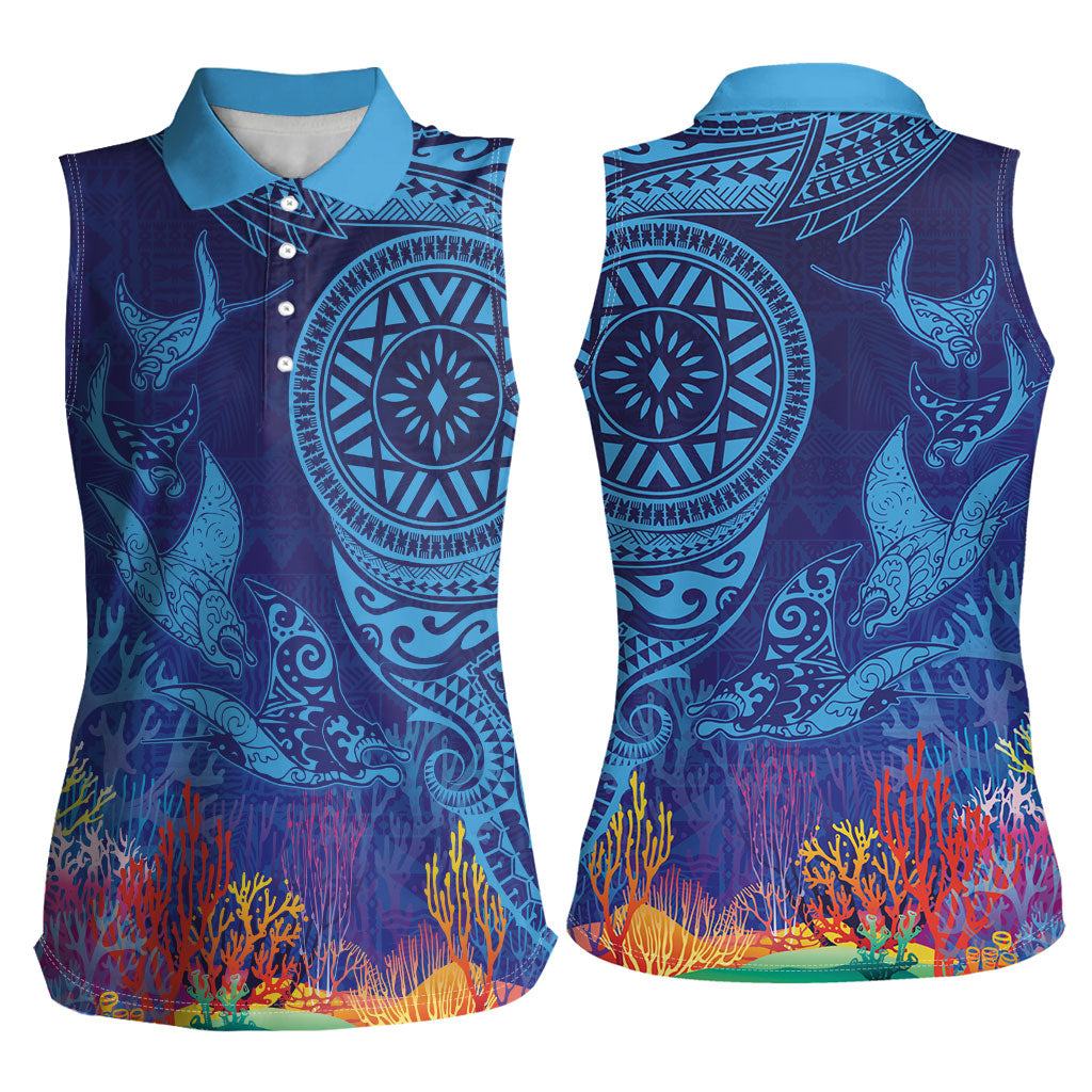 Fijian Tribal Manta Ray Women Sleeveless Polo Shirt Masi Motif with Coral Reef Ocean Vibe LT03 - Polynesian Pride