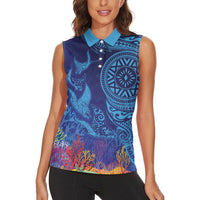 Fijian Tribal Manta Ray Women Sleeveless Polo Shirt Masi Motif with Coral Reef Ocean Vibe LT03 - Polynesian Pride