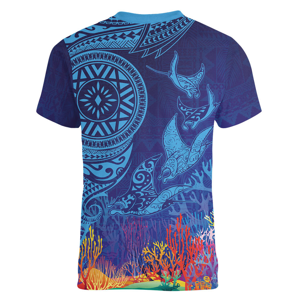 Fijian Tribal Manta Ray Women V-Neck T-Shirt Masi Motif with Coral Reef Ocean Vibe LT03 - Polynesian Pride