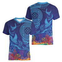 Fijian Tribal Manta Ray Women V-Neck T-Shirt Masi Motif with Coral Reef Ocean Vibe LT03 - Polynesian Pride