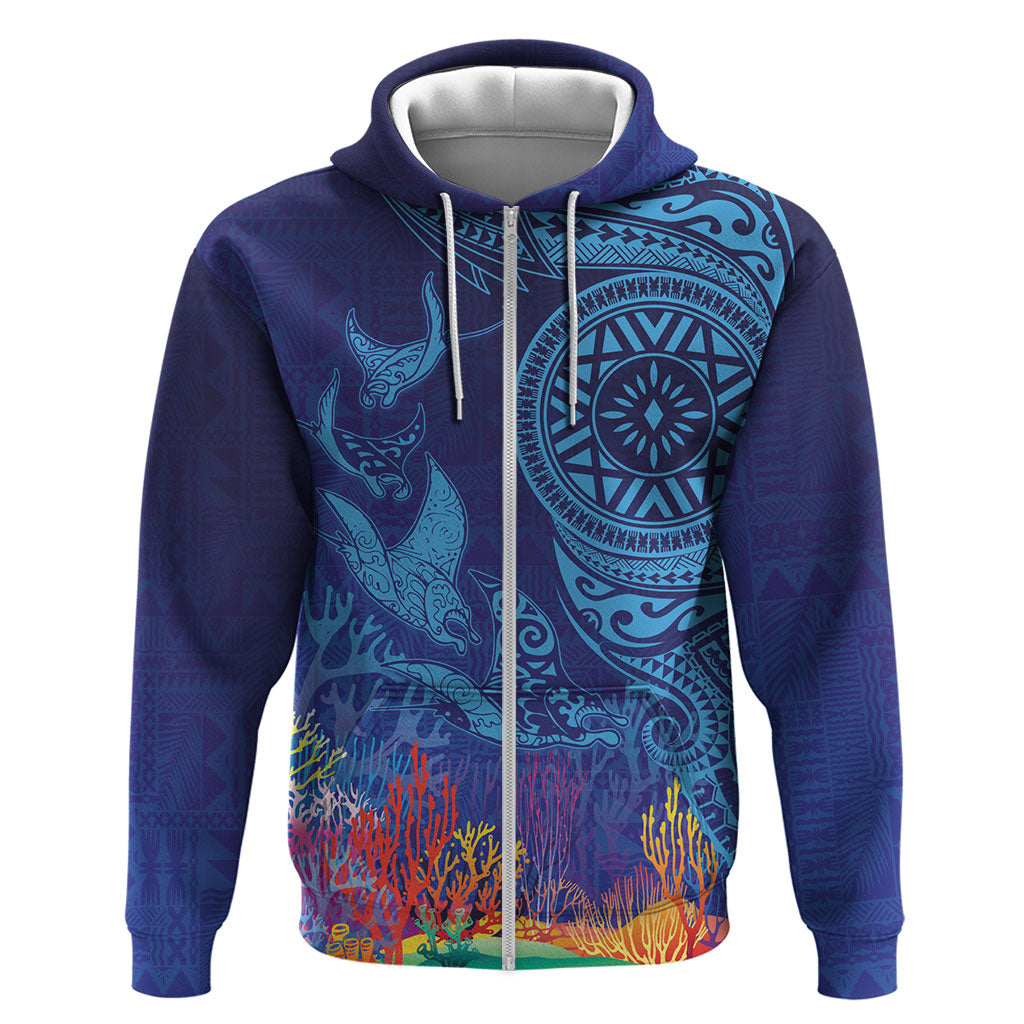 Fijian Tribal Manta Ray Zip Hoodie Masi Motif with Coral Reef Ocean Vibe LT03 Zip Hoodie Blue - Polynesian Pride
