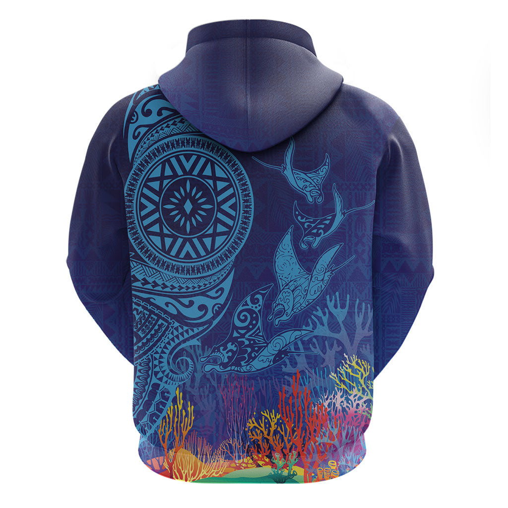 Fijian Tribal Manta Ray Zip Hoodie Masi Motif with Coral Reef Ocean Vibe LT03 - Polynesian Pride