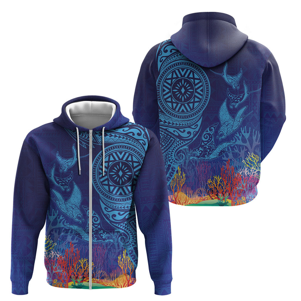 Fijian Tribal Manta Ray Zip Hoodie Masi Motif with Coral Reef Ocean Vibe LT03 - Polynesian Pride