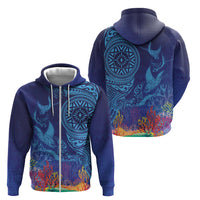 Fijian Tribal Manta Ray Zip Hoodie Masi Motif with Coral Reef Ocean Vibe LT03 - Polynesian Pride