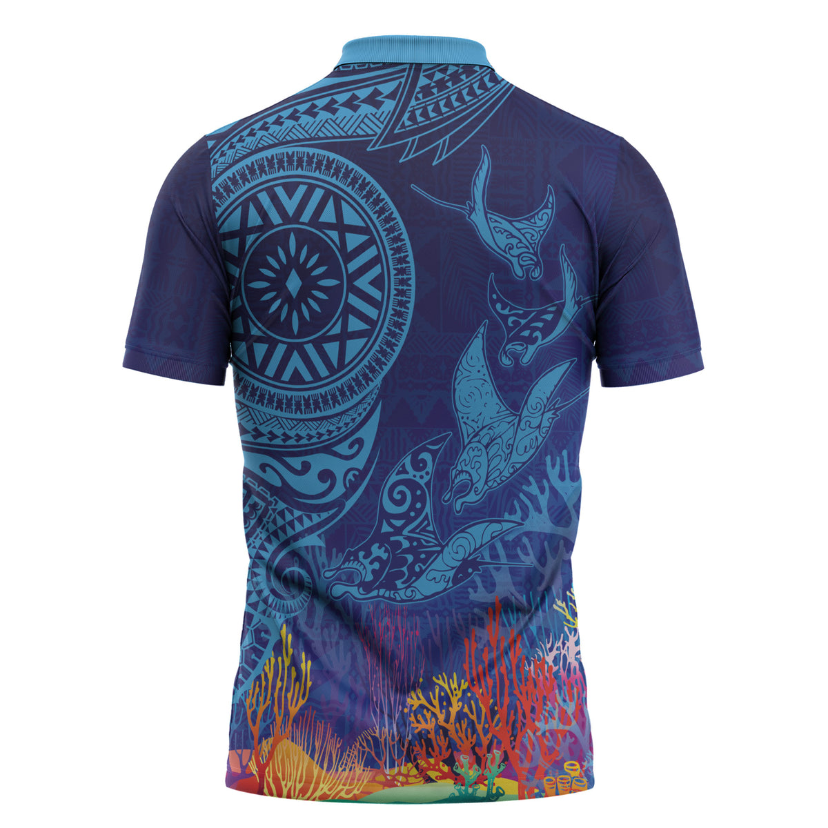 Fijian Tribal Manta Ray Zipper Polo Shirt Masi Motif with Coral Reef Ocean Vibe LT03 - Polynesian Pride
