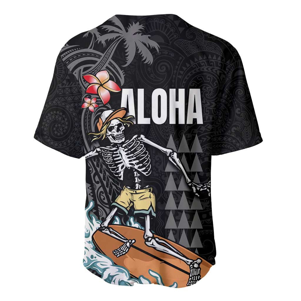 Hawaiian Halloween Skeleton Surfing Baseball Jersey Polynesian Tribal Tattoo and Hawaiian Pattern