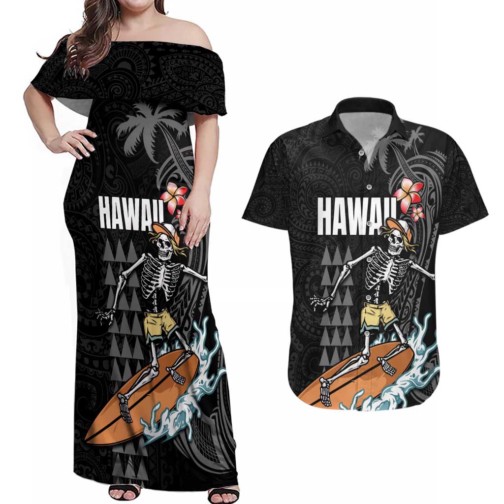 Hawaiian Halloween Skeleton Surfing Couples Matching Off Shoulder Maxi Dress and Hawaiian Shirt Polynesian Tribal Tattoo and Hawaiian Pattern