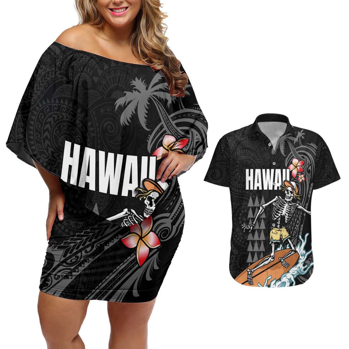 Hawaiian Halloween Skeleton Surfing Couples Matching Off Shoulder Short Dress and Hawaiian Shirt Polynesian Tribal Tattoo and Hawaiian Pattern