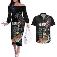Hawaiian Halloween Skeleton Surfing Couples Matching Off The Shoulder Long Sleeve Dress and Hawaiian Shirt Polynesian Tribal Tattoo and Hawaiian Pattern