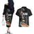 Hawaiian Halloween Skeleton Surfing Couples Matching Off The Shoulder Long Sleeve Dress and Hawaiian Shirt Polynesian Tribal Tattoo and Hawaiian Pattern