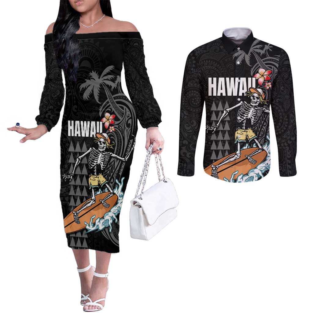 Hawaiian Halloween Skeleton Surfing Couples Matching Off The Shoulder Long Sleeve Dress and Long Sleeve Button Shirt Polynesian Tribal Tattoo and Hawaiian Pattern