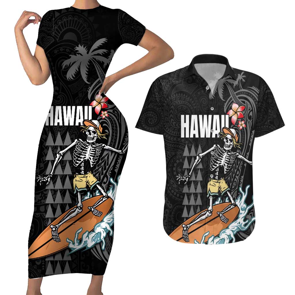 Hawaiian Halloween Skeleton Surfing Couples Matching Short Sleeve Bodycon Dress and Hawaiian Shirt Polynesian Tribal Tattoo and Hawaiian Pattern