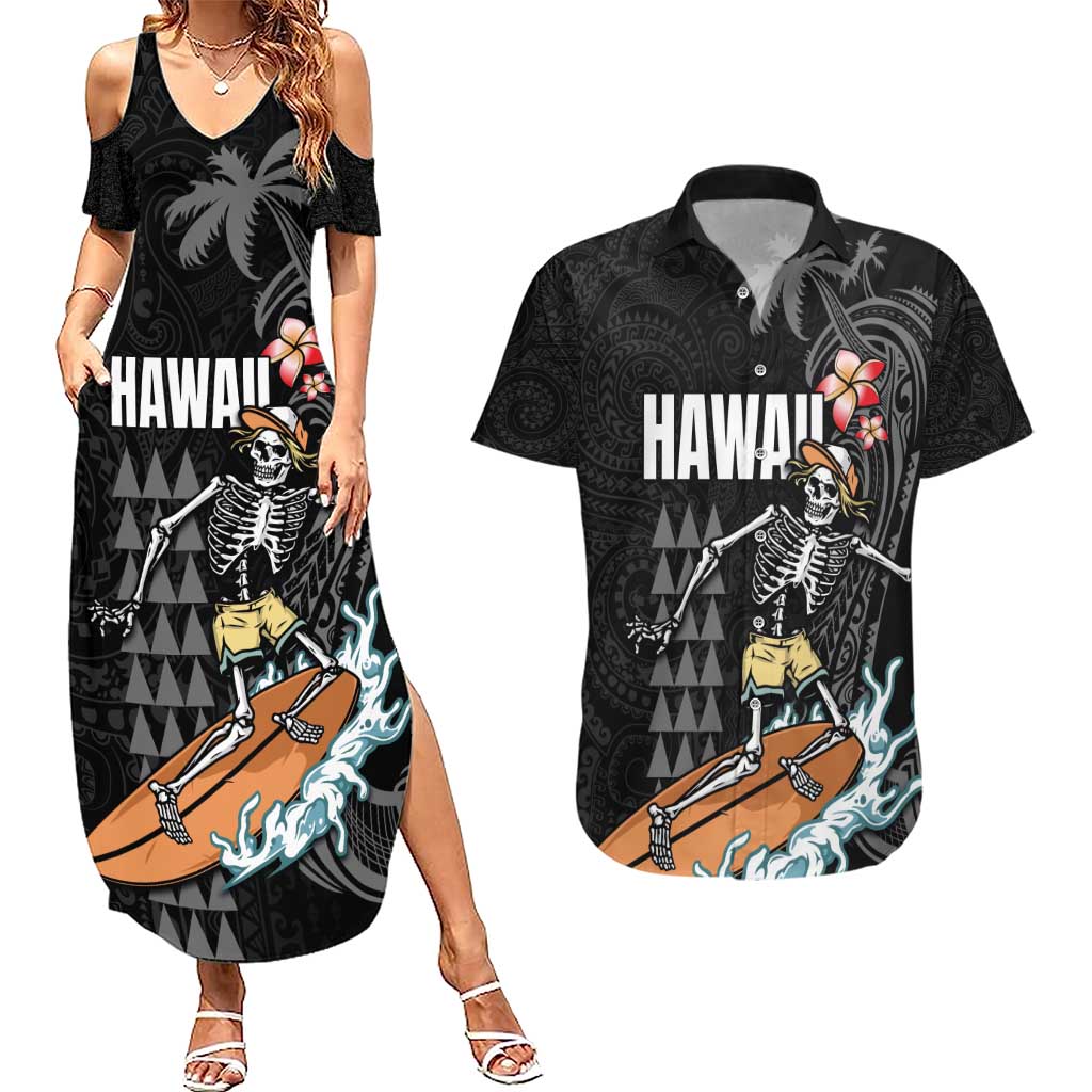 Hawaiian Halloween Skeleton Surfing Couples Matching Summer Maxi Dress and Hawaiian Shirt Polynesian Tribal Tattoo and Hawaiian Pattern