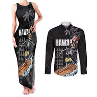 Hawaiian Halloween Skeleton Surfing Couples Matching Tank Maxi Dress and Long Sleeve Button Shirt Polynesian Tribal Tattoo and Hawaiian Pattern