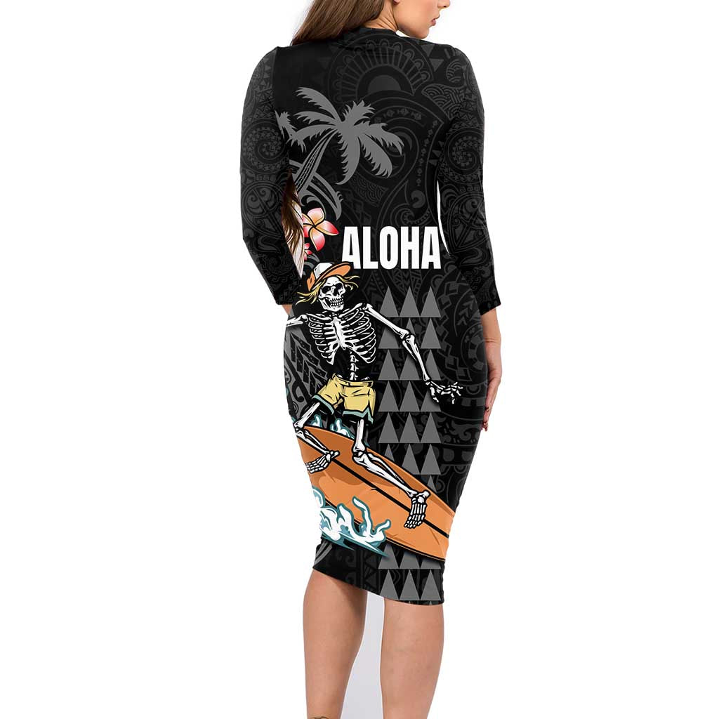 Hawaiian Halloween Skeleton Surfing Family Matching Long Sleeve Bodycon Dress and Hawaiian Shirt Polynesian Tribal Tattoo and Hawaiian Pattern