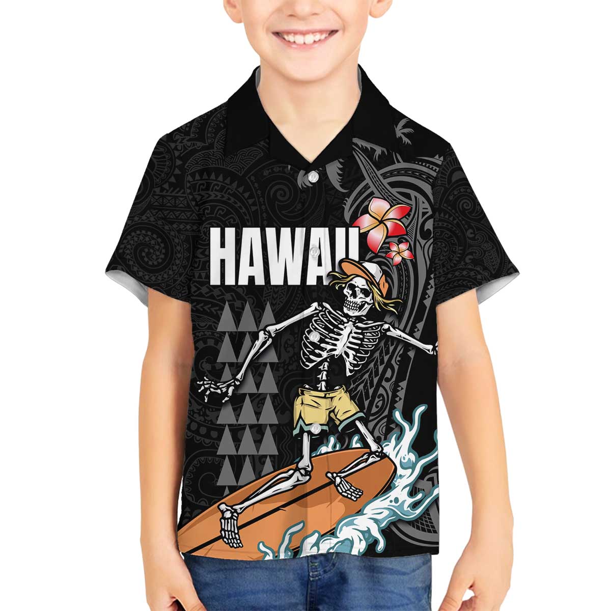 Hawaiian Halloween Skeleton Surfing Family Matching Off The Shoulder Long Sleeve Dress and Hawaiian Shirt Polynesian Tribal Tattoo and Hawaiian Pattern