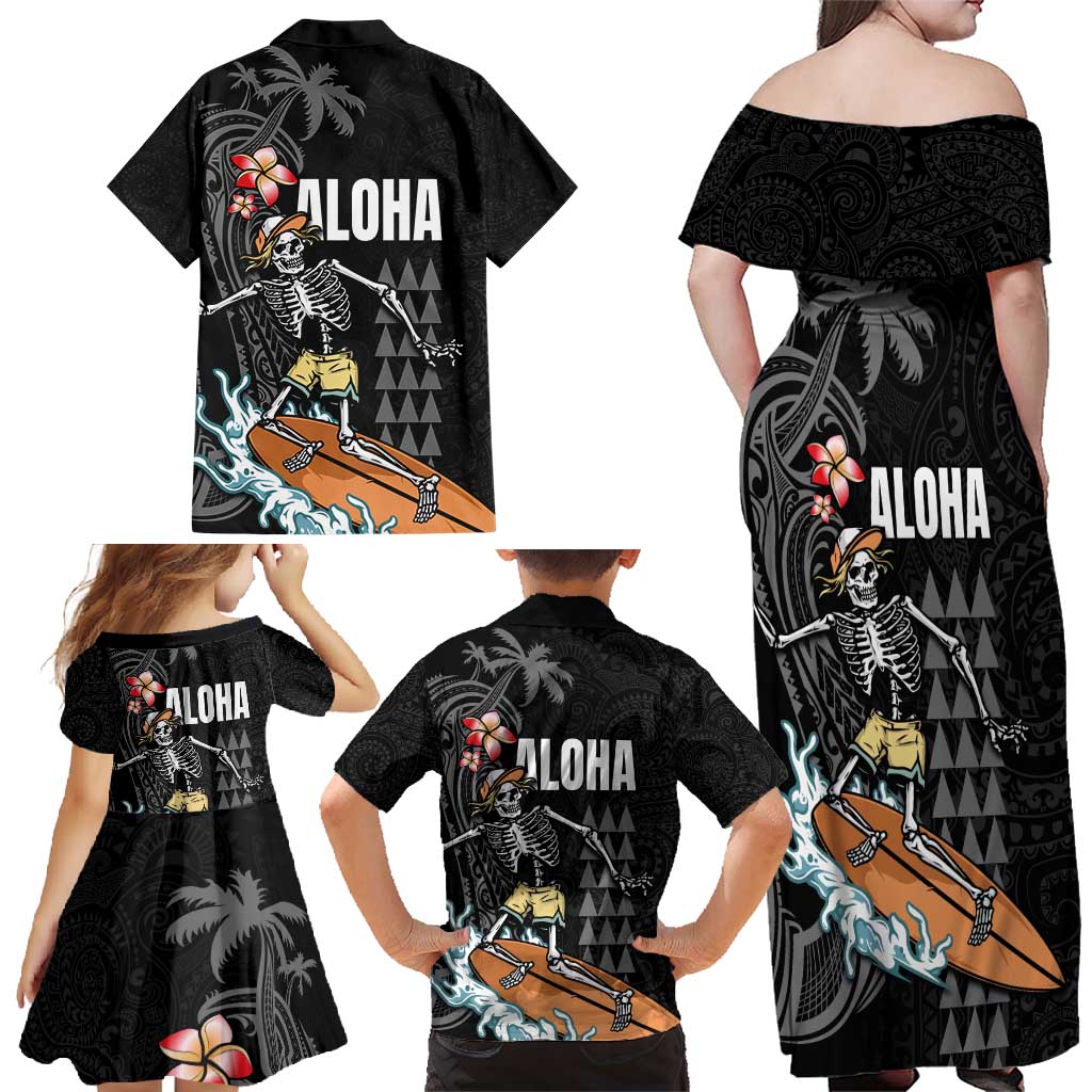 Hawaiian Halloween Skeleton Surfing Family Matching Off Shoulder Maxi Dress and Hawaiian Shirt Polynesian Tribal Tattoo and Hawaiian Pattern LT03 - Polynesian Pride