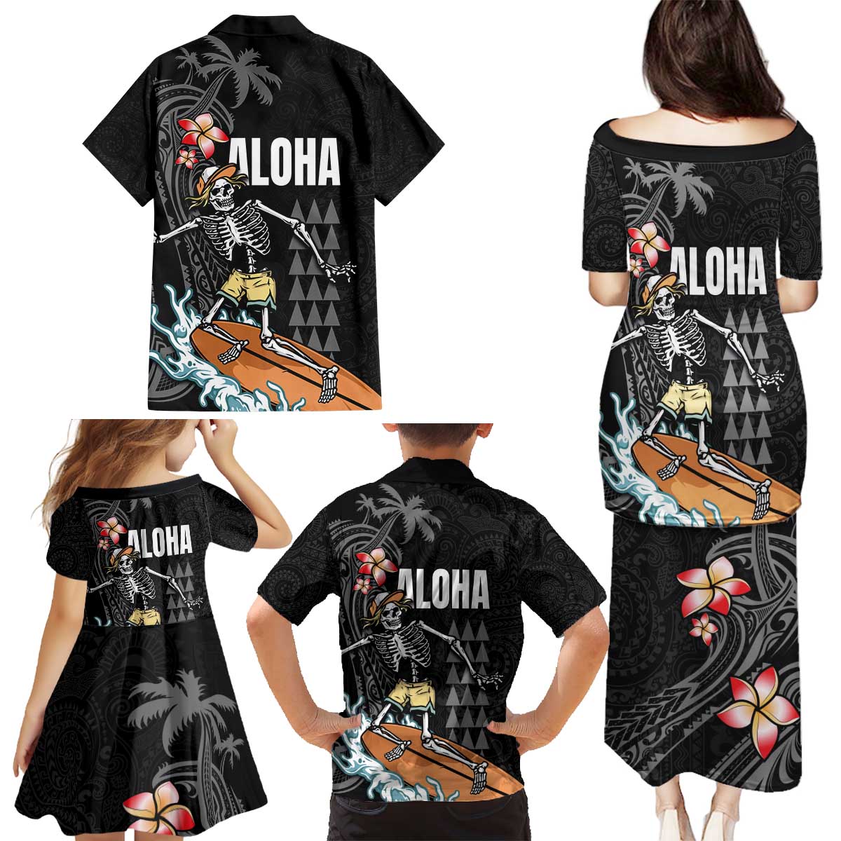 Hawaiian Halloween Skeleton Surfing Family Matching Puletasi and Hawaiian Shirt Polynesian Tribal Tattoo and Hawaiian Pattern LT03 - Polynesian Pride