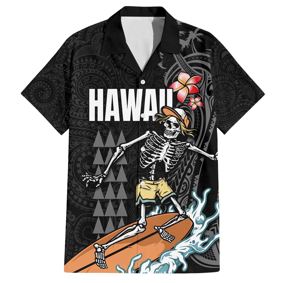 Hawaiian Halloween Skeleton Surfing Family Matching Puletasi and Hawaiian Shirt Polynesian Tribal Tattoo and Hawaiian Pattern LT03 Dad's Shirt - Short Sleeve Black - Polynesian Pride