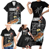 Hawaiian Halloween Skeleton Surfing Family Matching Short Sleeve Bodycon Dress and Hawaiian Shirt Polynesian Tribal Tattoo and Hawaiian Pattern