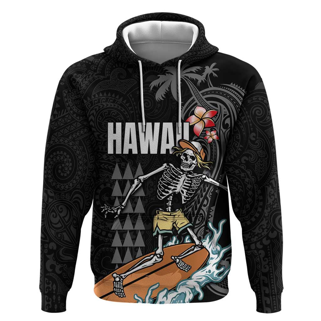 Hawaiian Halloween Skeleton Surfing Hoodie Polynesian Tribal Tattoo and Hawaiian Pattern