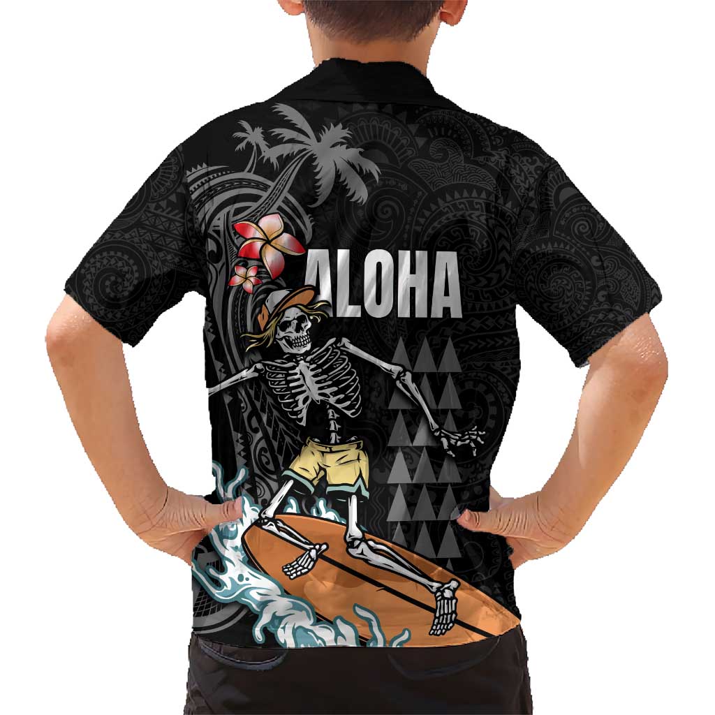Hawaiian Halloween Skeleton Surfing Kid Hawaiian Shirt Polynesian Tribal Tattoo and Hawaiian Pattern