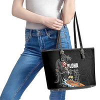 Hawaiian Halloween Skeleton Surfing Leather Tote Bag Polynesian Tribal Tattoo and Hawaiian Pattern