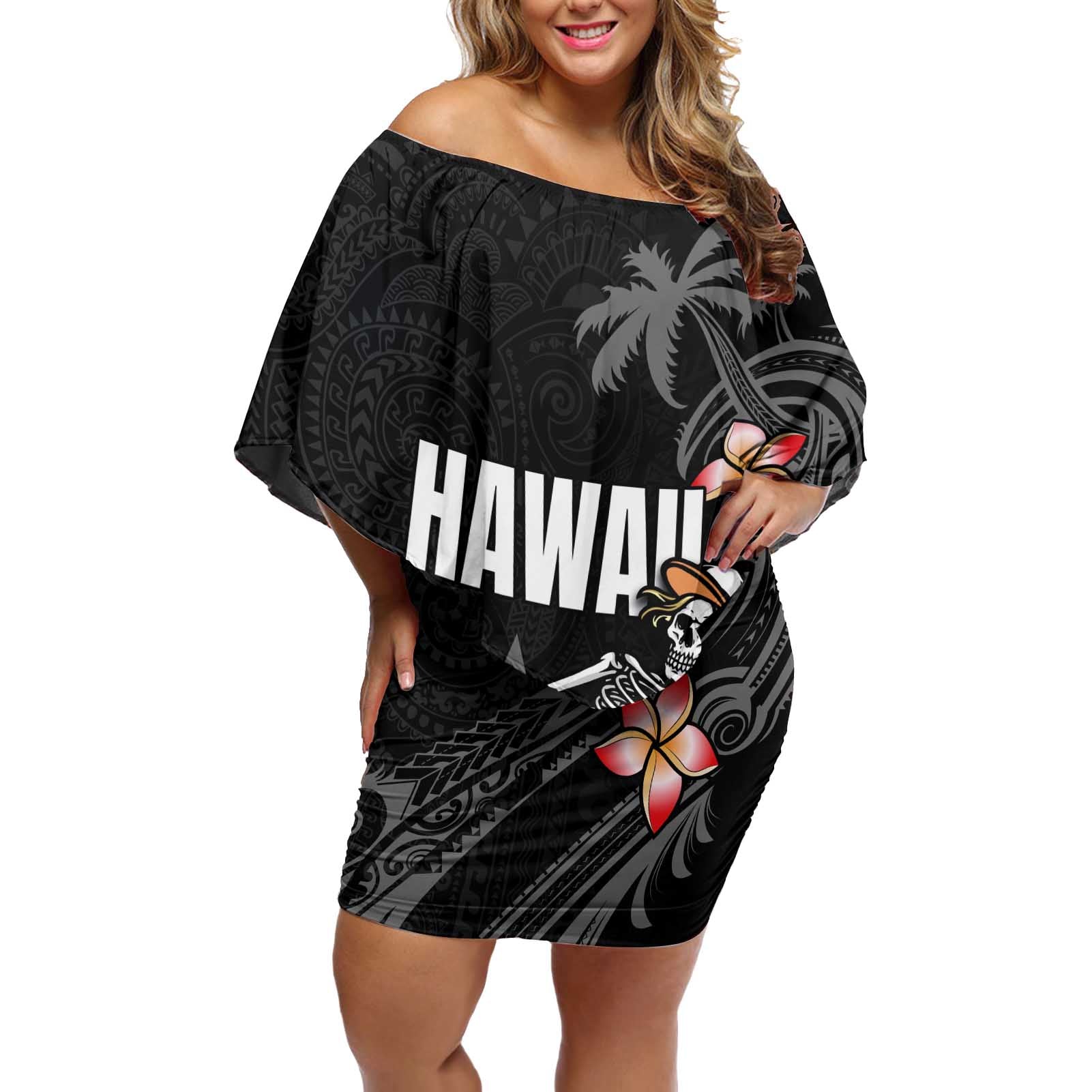 Hawaiian Halloween Skeleton Surfing Off Shoulder Short Dress Polynesian Tribal Tattoo and Hawaiian Pattern