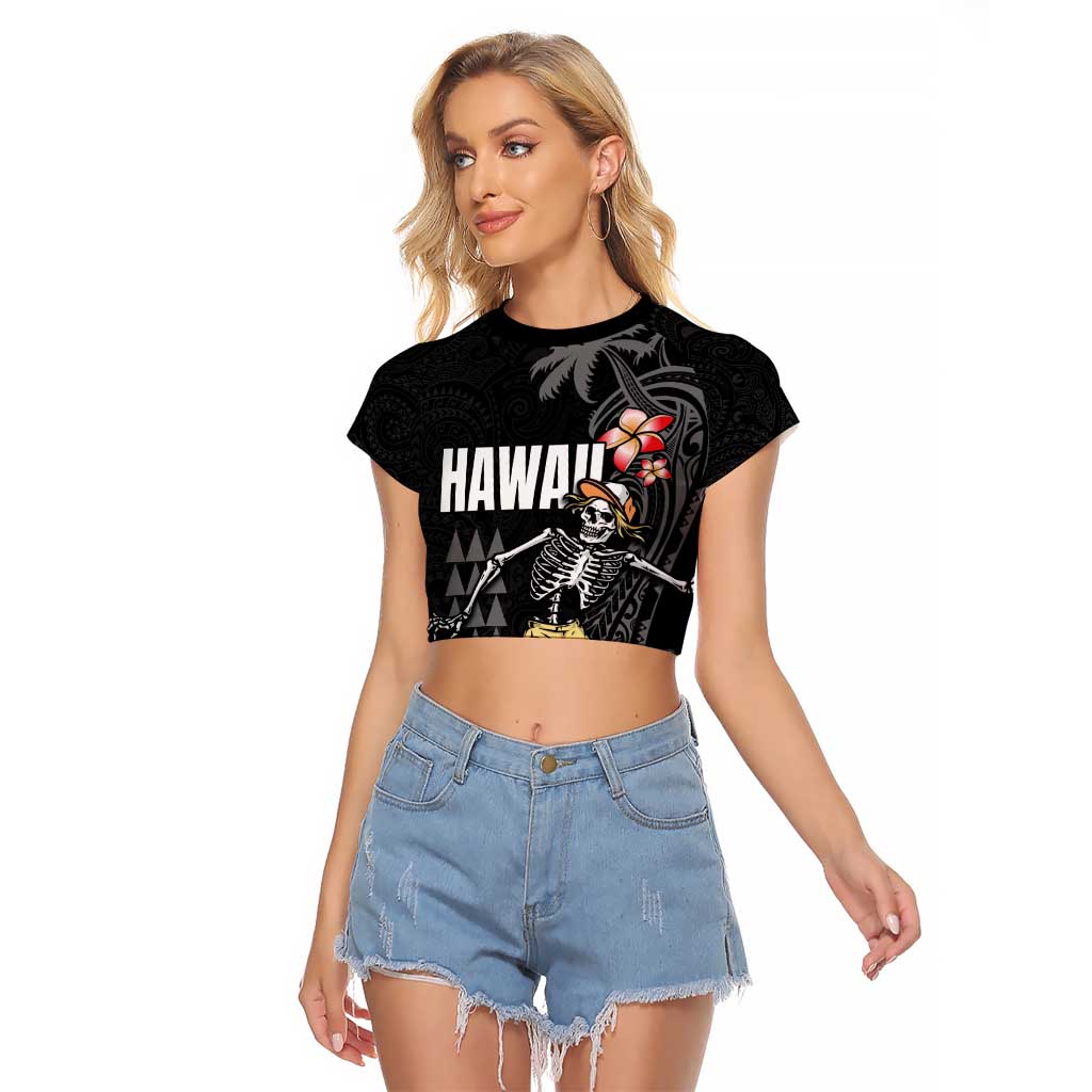 Hawaiian Halloween Skeleton Surfing Raglan Cropped T Shirt Polynesian Tribal Tattoo and Hawaiian Pattern