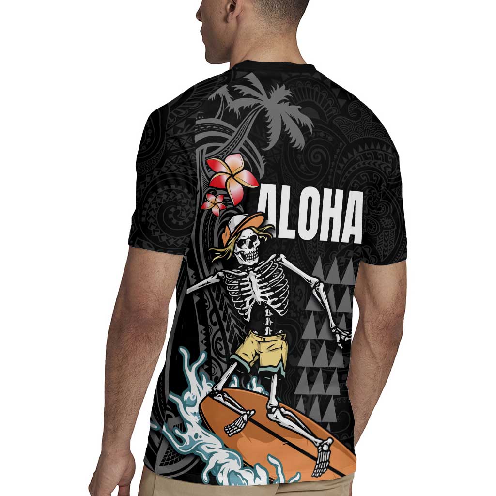 Hawaiian Halloween Skeleton Surfing Rugby Jersey Polynesian Tribal Tattoo and Hawaiian Pattern