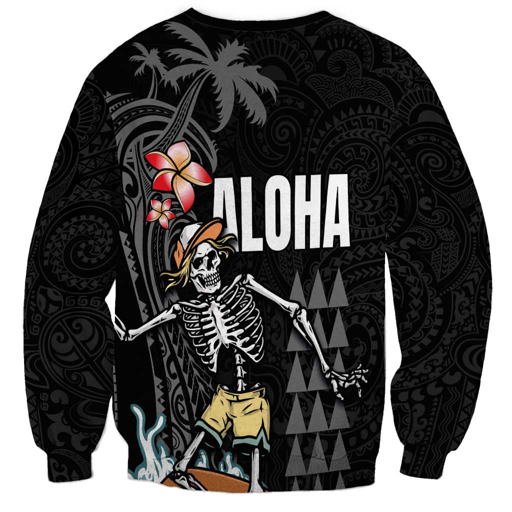 Hawaiian Halloween Skeleton Surfing Sweatshirt Polynesian Tribal Tattoo and Hawaiian Pattern
