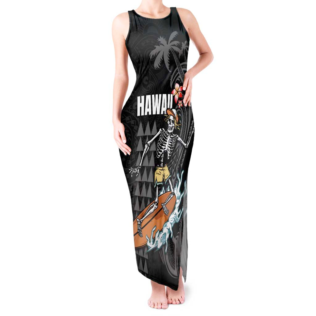 Hawaiian Halloween Skeleton Surfing Tank Maxi Dress Polynesian Tribal Tattoo and Hawaiian Pattern