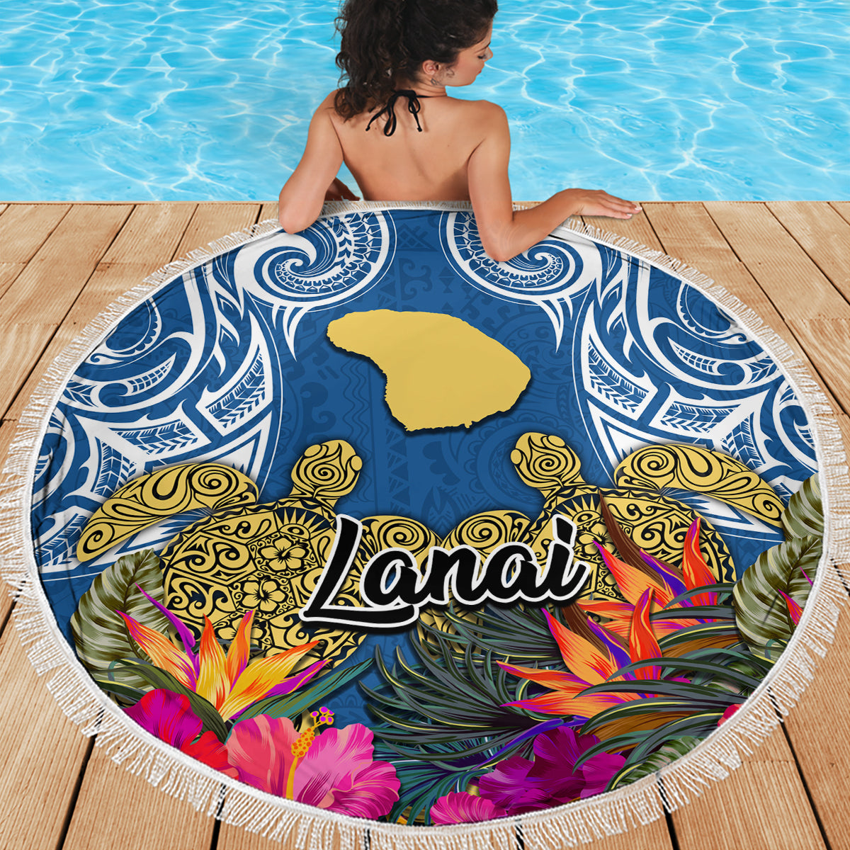 Hawaii Lanai Island Beach Blanket Hibiscus Turle and Map with Polynesian Spiral LT03 - Wonder Print Shop