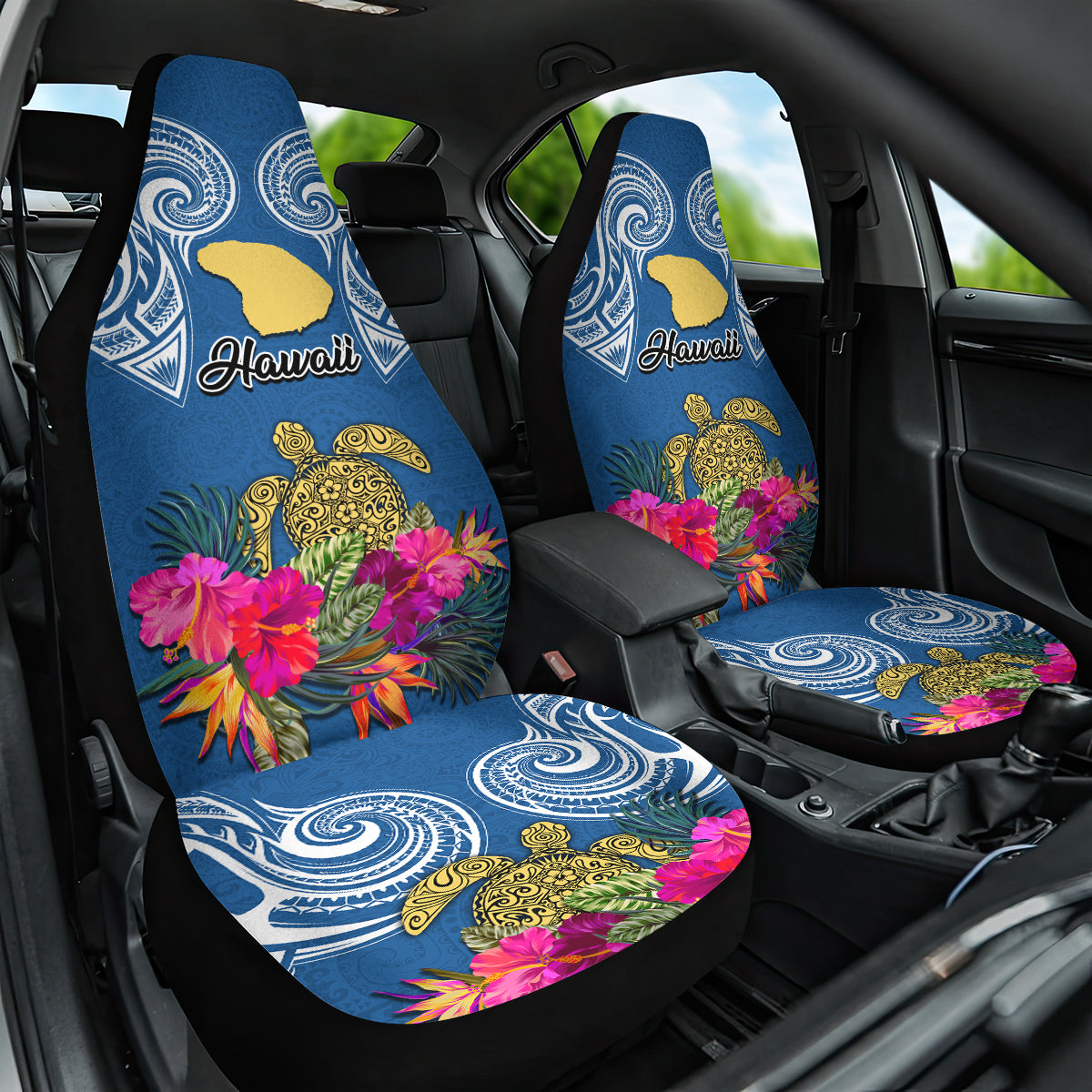 Hawaii Lanai Island Car Seat Cover Hibiscus Turle and Map with Polynesian Spiral LT03 One Size Blue - Polynesian Pride