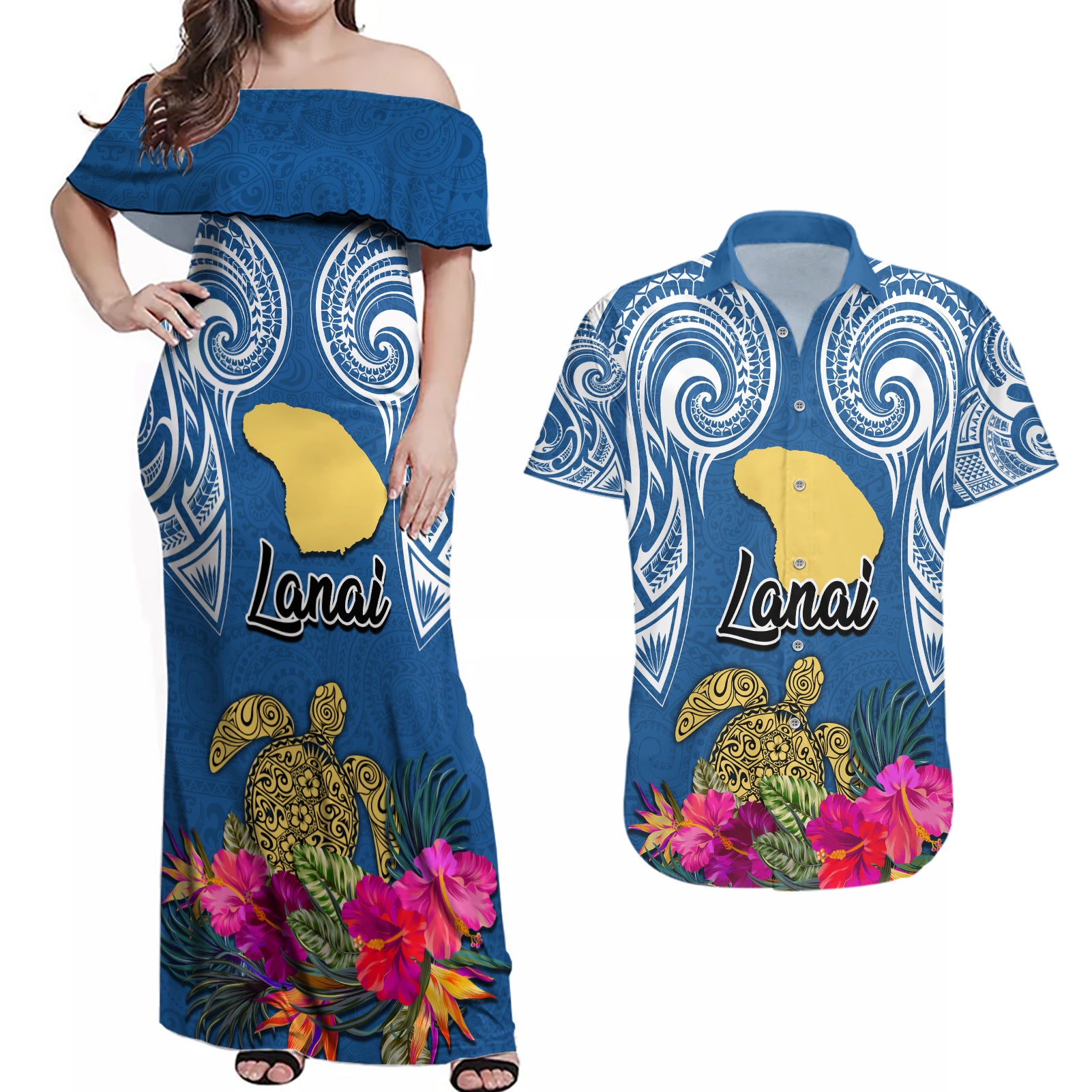 Hawaii Lanai Island Couples Matching Off Shoulder Maxi Dress and Hawaiian Shirt Hibiscus Turle and Map with Polynesian Spiral LT03 Blue - Polynesian Pride