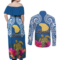 Hawaii Lanai Island Couples Matching Off Shoulder Maxi Dress and Long Sleeve Button Shirts Hibiscus Turle and Map with Polynesian Spiral LT03 - Polynesian Pride