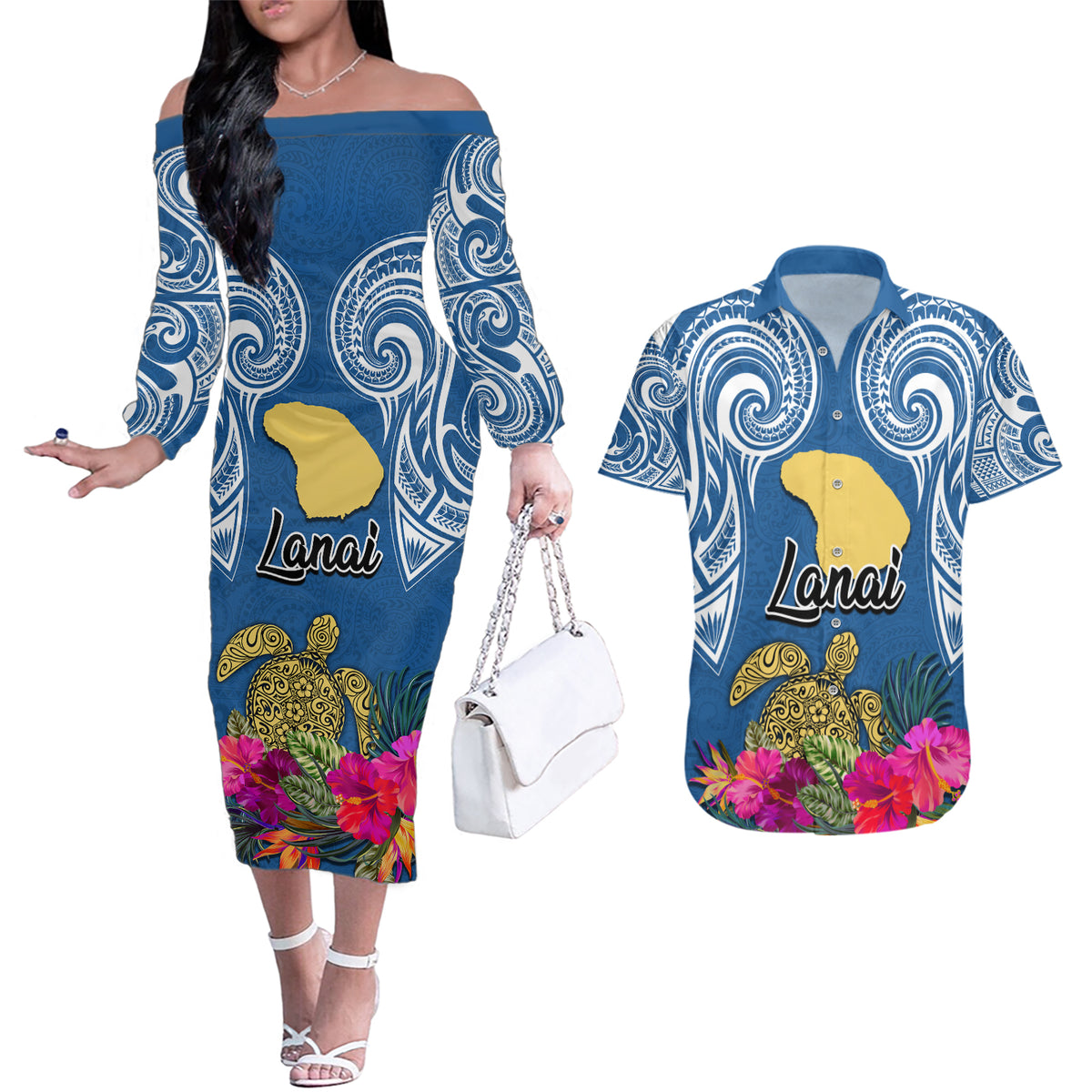 Hawaii Lanai Island Couples Matching Off The Shoulder Long Sleeve Dress and Hawaiian Shirt Hibiscus Turle and Map with Polynesian Spiral LT03 Blue - Polynesian Pride