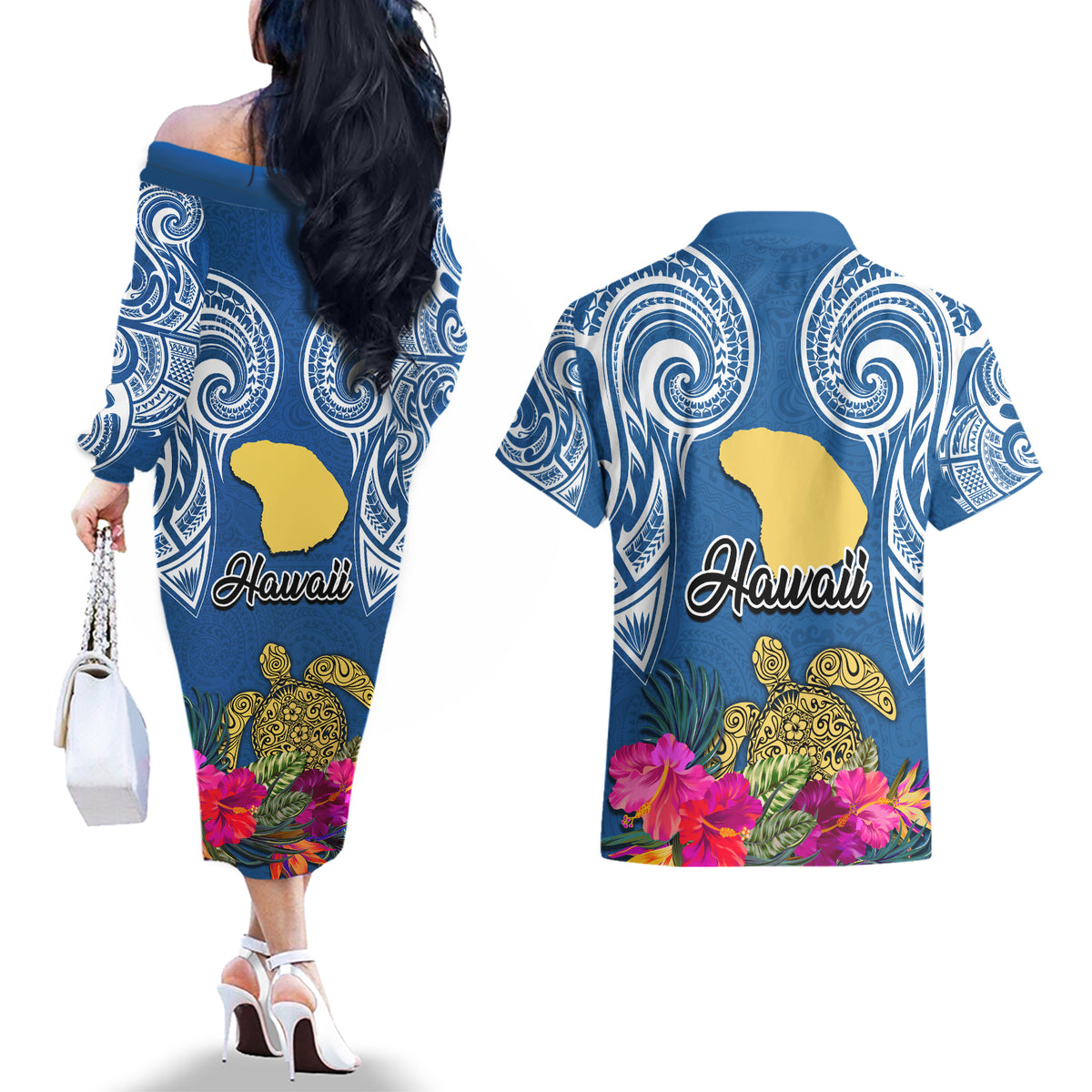 Hawaii Lanai Island Couples Matching Off The Shoulder Long Sleeve Dress and Hawaiian Shirt Hibiscus Turle and Map with Polynesian Spiral LT03 - Polynesian Pride