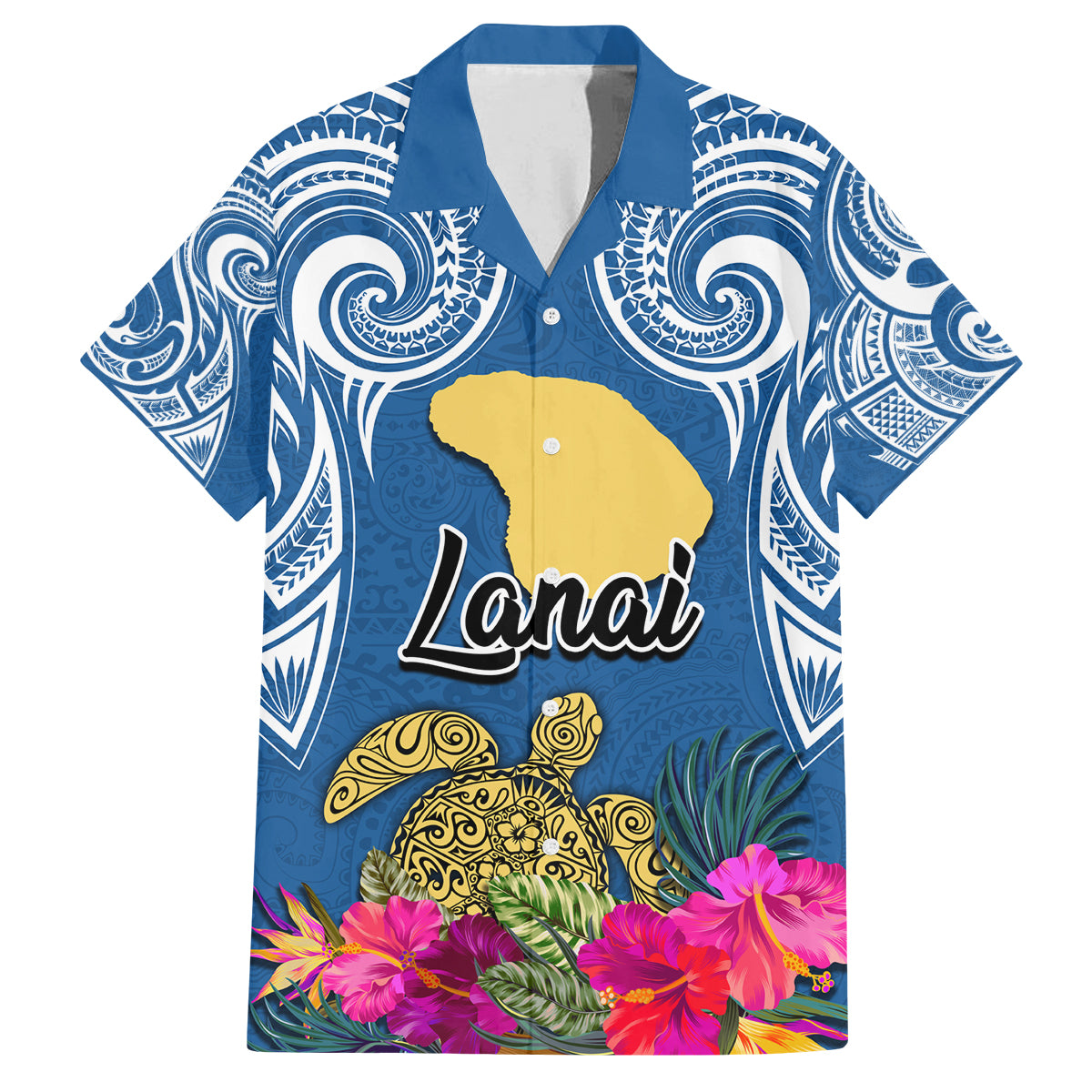 Hawaii Lanai Island Family Matching Summer Maxi Dress and Hawaiian Shirt Hibiscus Turle and Map with Polynesian Spiral LT03 Dad's Shirt - Short Sleeve Blue - Polynesian Pride