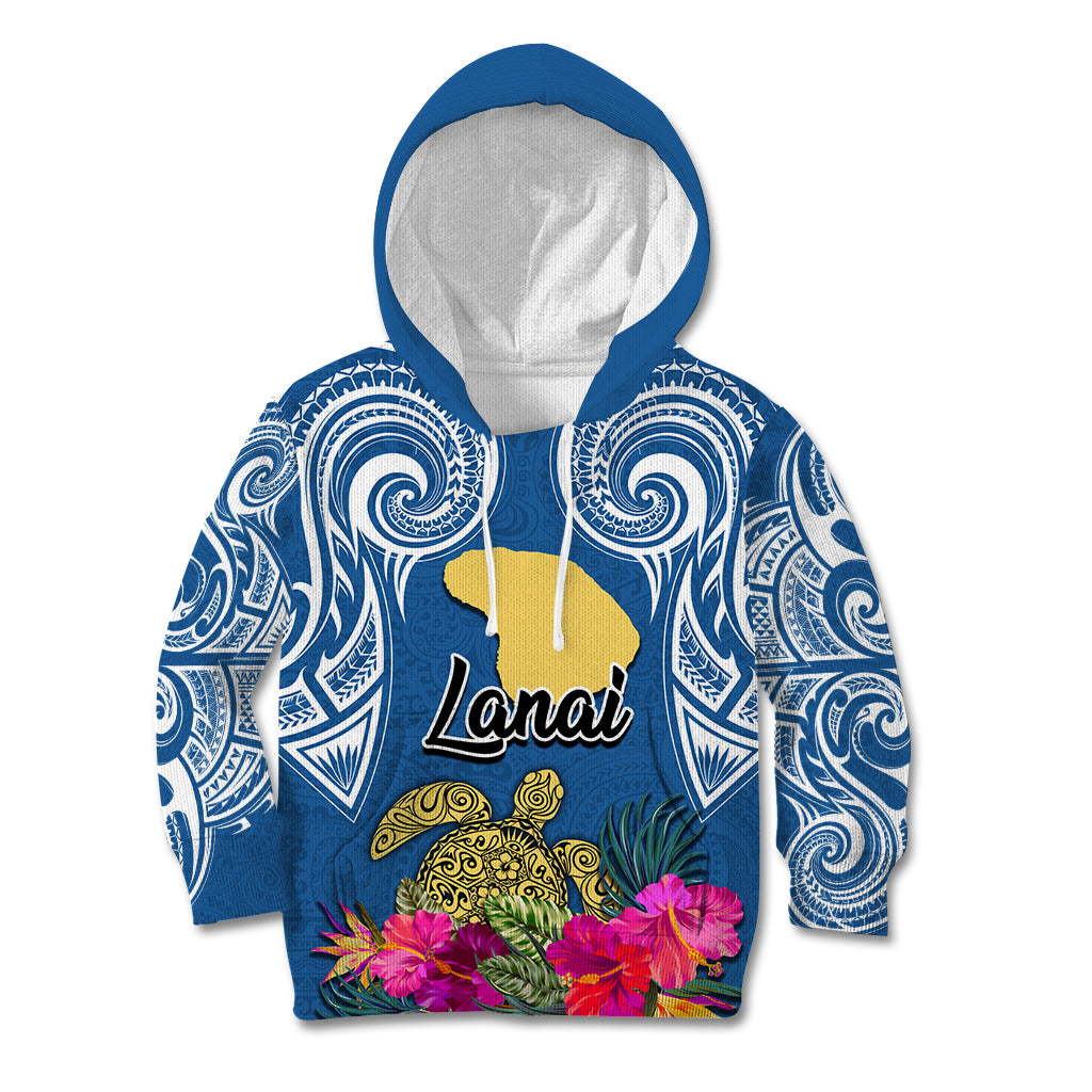 Hawaii Lanai Island Kid Hoodie Hibiscus Turle and Map with Polynesian Spiral LT03 Blue - Polynesian Pride