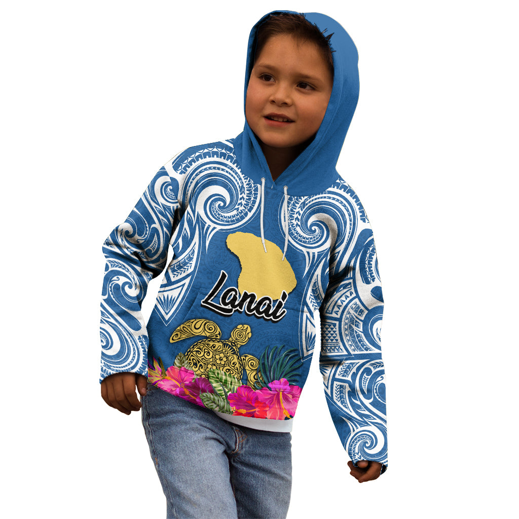 Hawaii Lanai Island Kid Hoodie Hibiscus Turle and Map with Polynesian Spiral LT03 - Polynesian Pride
