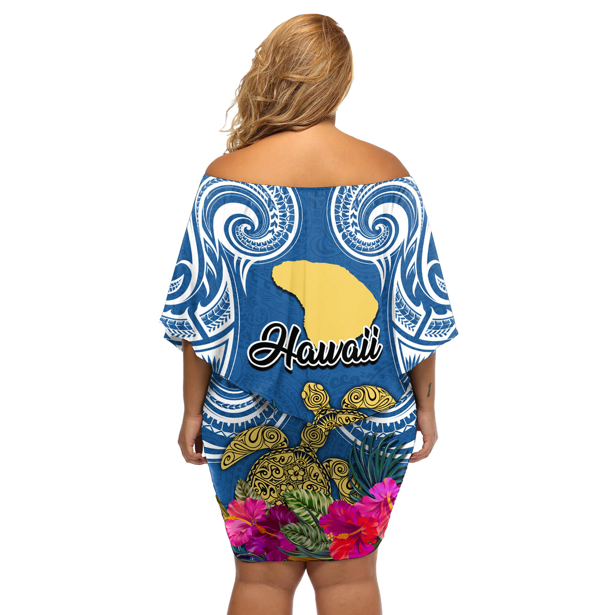 Hawaii Lanai Island Off Shoulder Short Dress Hibiscus Turle and Map with Polynesian Spiral LT03 - Polynesian Pride