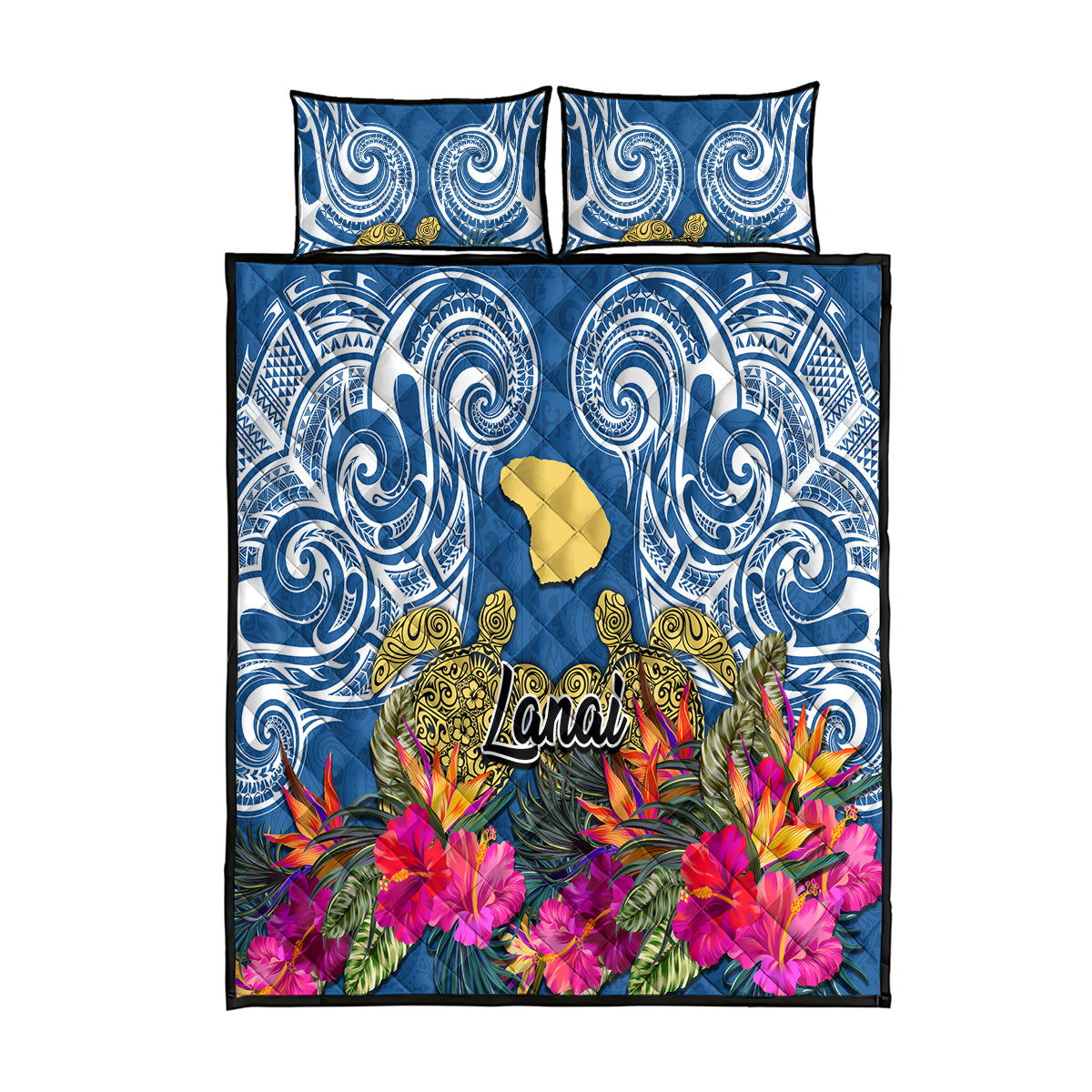 Hawaii Lanai Island Quilt Bed Set Hibiscus Turle and Map with Polynesian Spiral LT03 Blue - Polynesian Pride