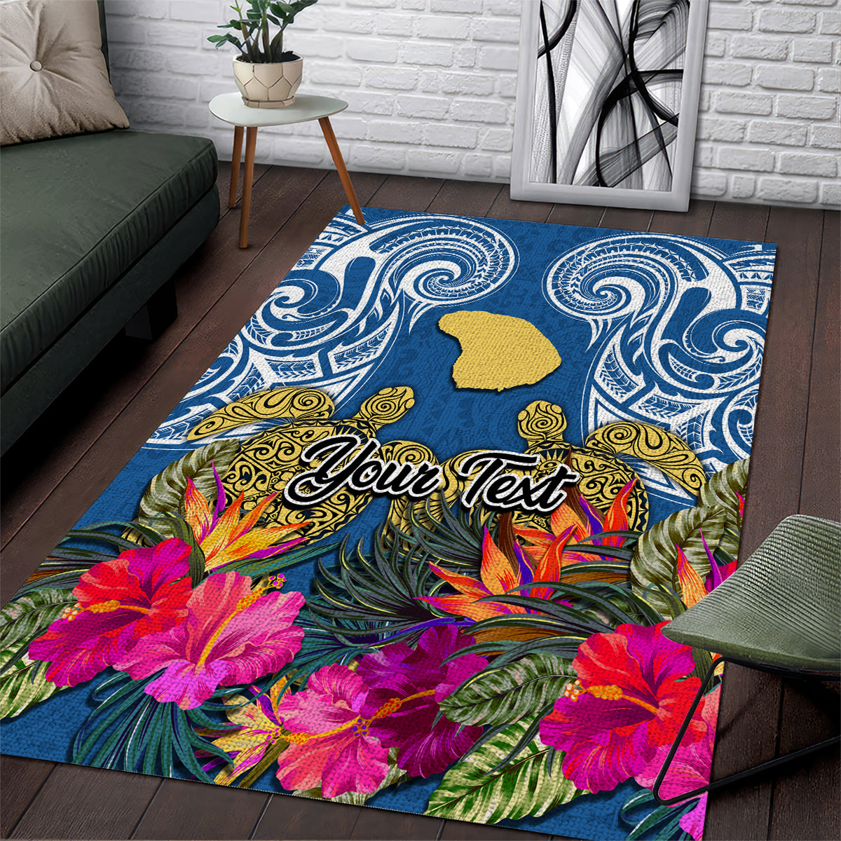 Custom Hawaii Lanai Island Area Rug Hibiscus Turle and Map with Polynesian Spiral LT03 Blue - Polynesian Pride