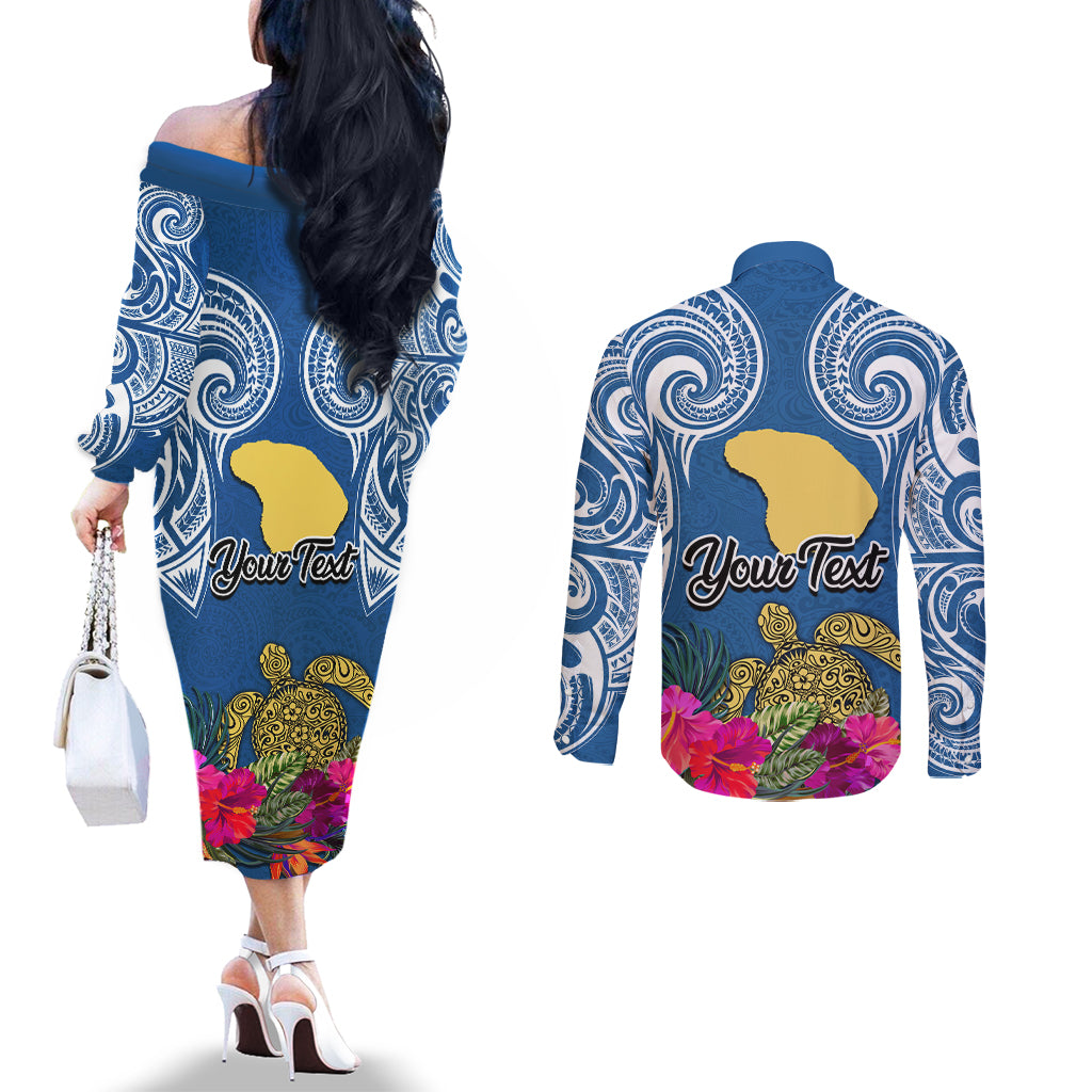 Custom Hawaii Lanai Island Couples Matching Off The Shoulder Long Sleeve Dress and Long Sleeve Button Shirts Hibiscus Turle and Map with Polynesian Spiral LT03 - Polynesian Pride