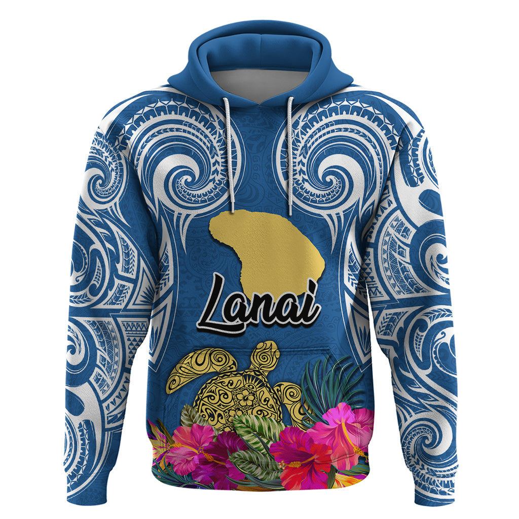 Custom Hawaii Lanai Island Hoodie Hibiscus Turle and Map with Polynesian Spiral LT03 Pullover Hoodie Blue - Polynesian Pride