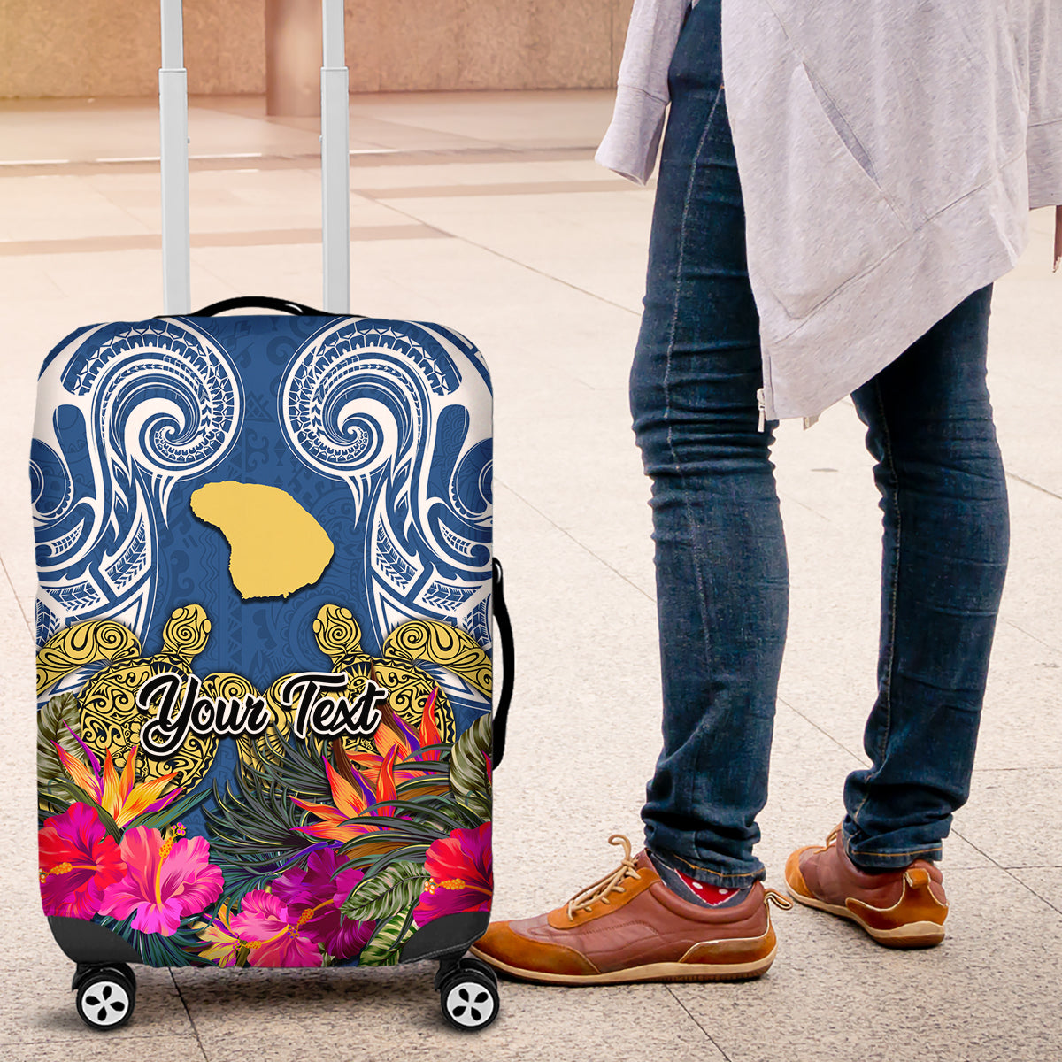 Custom Hawaii Lanai Island Luggage Cover Hibiscus Turle and Map with Polynesian Spiral LT03 Blue - Polynesian Pride