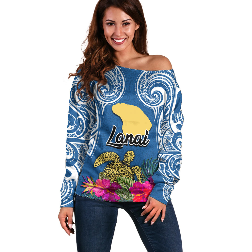 Custom Hawaii Lanai Island Off Shoulder Sweater Hibiscus Turle and Map with Polynesian Spiral LT03 Women Blue - Polynesian Pride